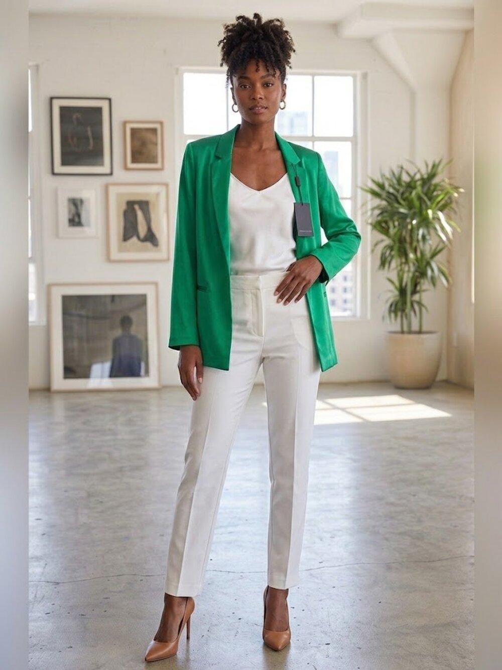 Green Silk Open-Front Blazer
